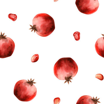 Simple pomegranates watercolor seamless pattern with bright red juicy fruits and seeds on white background. Botanical realistic illustration for wrapping paper, fabric, food products
