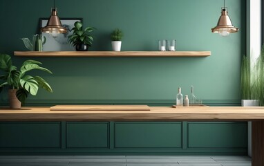 Wooden Shelf with Green Wall Panelling in the Kitchen. Generative AI