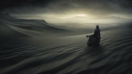 Naklejka na ściany i meble A Dramatic Depiction of a Shrouded Woman in a Desert at Night Generative AI