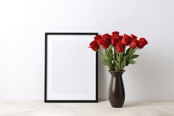 Empty Black Frame With Red Roses In Vase Next To It On White Background. Generative AI