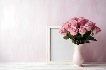 Empty Pink Frame With Red Roses In Vase. Generative AI