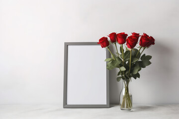 Fototapeta na wymiar Empty Grey Frame With Red Roses In Vase Next To It On White Background. Generative AI