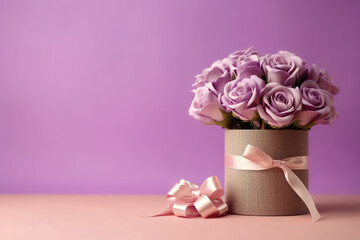 Beautiful Bouquet Of Roses In Vase With Gift Box, Empty Space, On Lavender Color Background. Generative AI