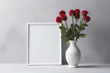 Empty White Frame With Red Roses In Vase Next To It On White Background. Generative AI