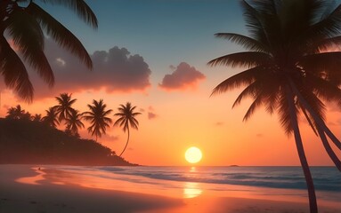 Fototapeta na wymiar Tropical beach with coconut Palm trees on a sandy island. Generative AI