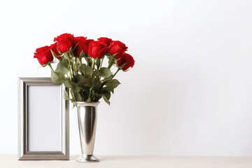 Obraz premium Empty Silver Frame With Red Roses In Vase Next To It On White Background. Empty Space. Generative AI