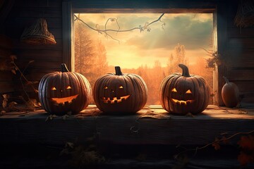 Illustration of scary halloween pumpkins on wooden boards. Generative AI