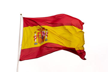 flag of spain waving in the wind with white background and copy space - obrazy, fototapety, plakaty