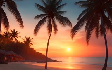 Naklejka na ściany i meble Tropical beach with coconut Palm trees on a sandy island. Generative AI