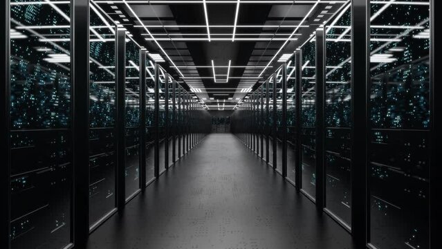 Server Rack security room, data center information technology, quantum computer 3d render background. head cover picture.blue light flicker with polygon connection illustration.	