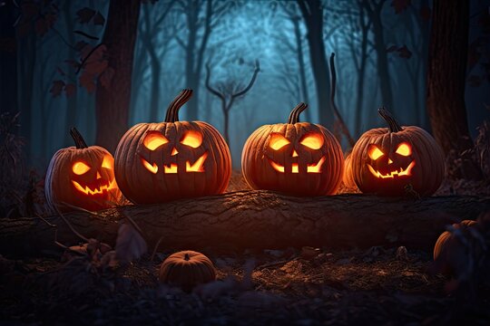Halloween symbol, scary pumpkins in the dark forest. Generative AI