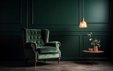Living Room with a Green Armchair on an Empty Dark Green Background. Generative AI