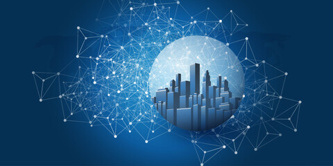 Futuristic Smart City, IoT and Cloud Computing Design Concept with 3D Polygonal Mesh, Cluster and Nodes - Cityscape Skyline in a Glass Globe - Digital Network Connections, Technology Vector Background