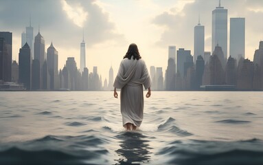 Jesus Christ walking on the sea towards the city, Generative ai.