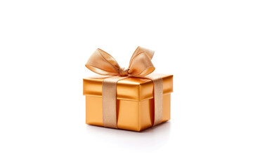 Gold Gift Box With Gold Ribbon On White Background. Generative AI