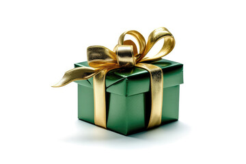 Obraz premium Green Gift Box With Gold Ribbon On White Background. Generative AI