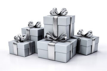 Grey Gift Boxes Set On White Background, 3D. Generative AI