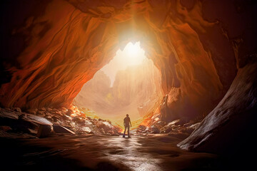 Silhouette of a man in front of the high rocky entrance of a cave through which the light of the sun shines, made with generative ai