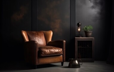 Loft Style Interior with Armchair on a Dark Cement Wall. Generative AI