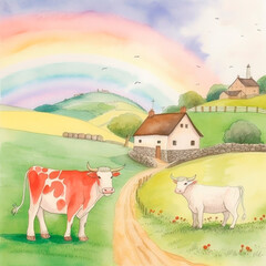 Rural landscape in pastel colors. Cows in a meadow among the hills under a rainbow against the backdrop of houses. Generative AI.