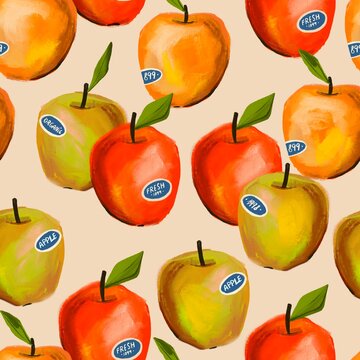 Red and yellow apples, green leaves. Fresh Apples with stickers. Hand drawn illustration. Paint brush style. Square seamless Pattern. Background, wallpaper. Repeating design element for printing