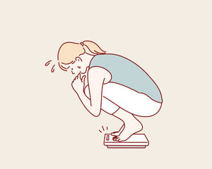 Young woman squats on a scale. Hand drawn style vector design illustrations.