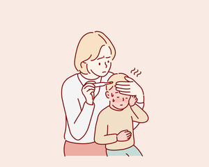 baby has fever and his mother checks temperature. Hand drawn style vector design illustrations.