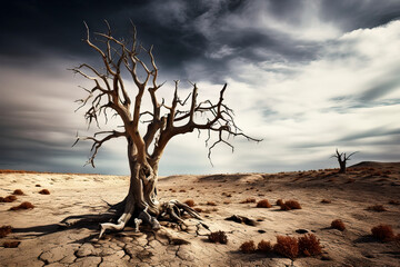 Surreal parched landscape with withered leafless tree on sandy background against dark sky, made with generative ai