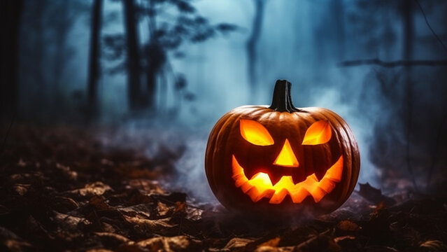 Halloween spooky background. A scary pumpkin in a forest haunted with Generative AI.