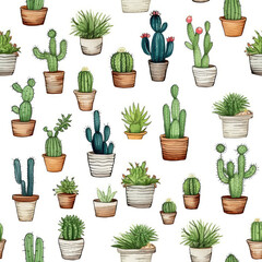 Cactuses On White Background, D . Seamless Background. Generative AI