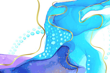 Blue and Gold Wave and Bubbles Artwork Watercolor Vector Template.