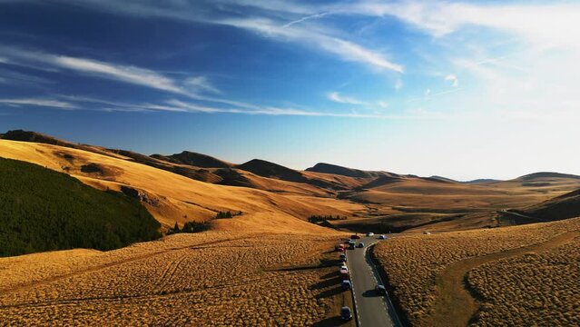 tourist destination pietra arsa mountains prahova valley Romania aerial view of tourist driving cars 