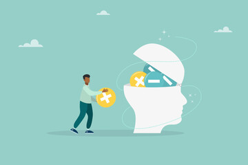 Think negative. Add positive thoughts to negative people. vector business concept. Flat illustration.

