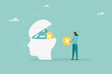 Think negative. Add positive thoughts to negative people. vector business concept. Flat illustration.
