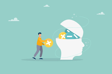 Think negative. Add positive thoughts to negative people. vector business concept. Flat illustration.
