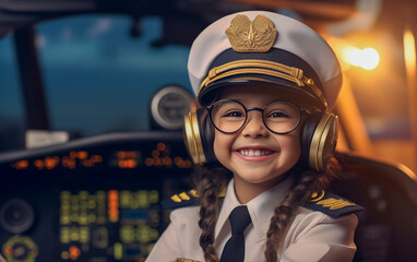 Happy and joyful looking kid dressed as an airplane pilot in the cockpit of an airliner - ai generative - obrazy, fototapety, plakaty