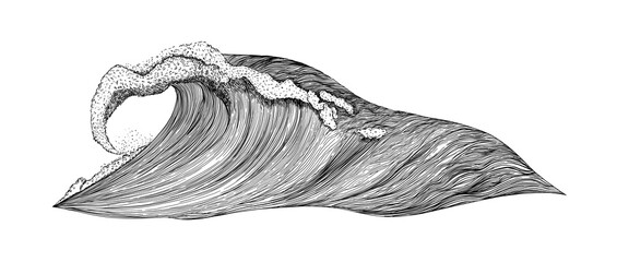 The sea wave. Ocean. Hand-drawn. Graphics. Engraving