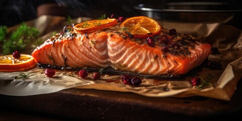 Deliciously seasoned salmon fillet baked to perfection recipe. Creating using generative AI tools