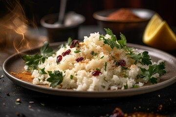 heaping plate of cauliflower rice with herbs, lemon, and chili flakes