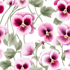 Pink Pansies On White Background . Seamless Background. Generative AI