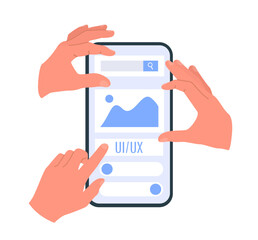 Fototapeta premium Human hands working on layout mobile application. UI UX design. Vector flat illustration isolated on white background.