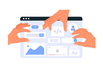 Human hands working on layout website or mobile application. UI UX design. Vector flat illustration isolated on white background.