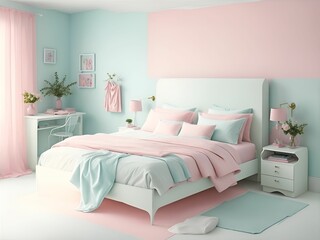 Fototapeta na wymiar Minimalist bed Room with a cute Nostalgic pastel vibe, Generative AI.