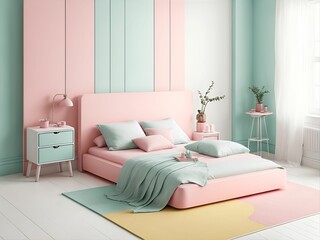 Minimalist bed Room with a cute Nostalgic pastel vibe, Generative AI.