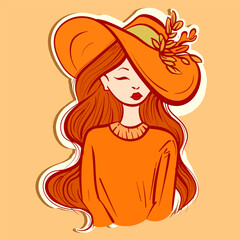 Digital art of a woman with autumn vibes wearing a big hat with fall leaves. Monochrome illustration of a cartoon girl with orange sweater