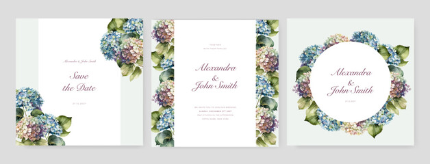 Fototapeta na wymiar Wedding invitation card set template with colorful flowers and leaves watercolor