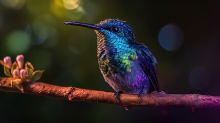 A blue hummingbird sits on a branch sunny day bright , Generative Ai