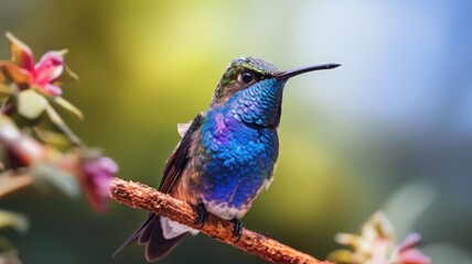 A blue hummingbird sits on a branch sunny day bright , Generative Ai