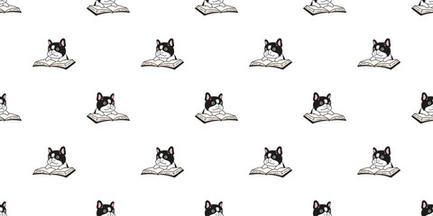 dog seamless pattern french bulldog reading book vector pet writing notebook footprint paw puppy cartoon gift wrapping paper tile background repeat wallpaper doodle scarf isolated illustration design