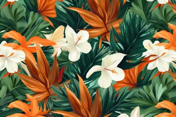 A topical pattern of orange flowers and palm leaves, Generative Ai